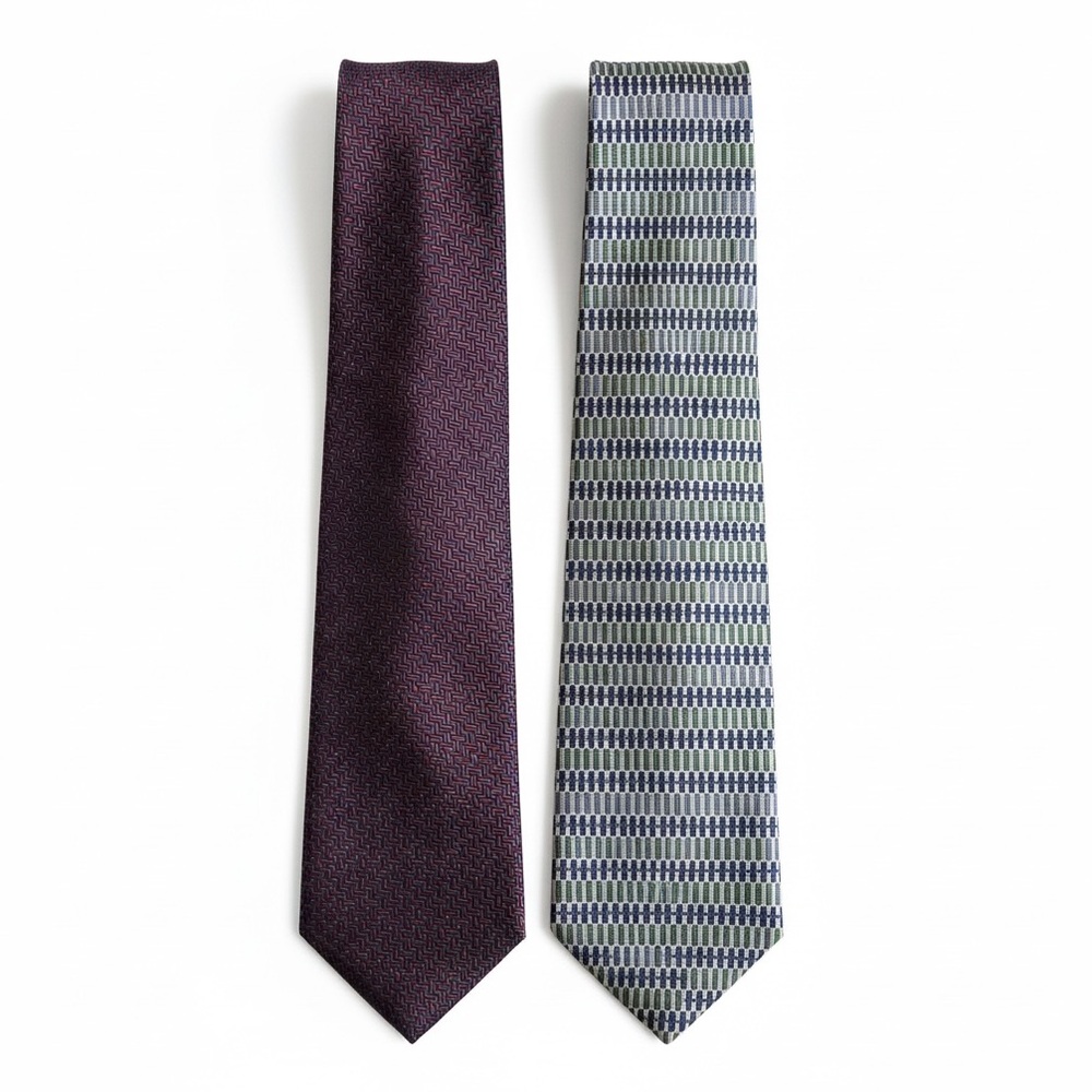 Geoffrey Beene Pure Silk Tie Set of 2 Classic Burgundy Blue Geometric Striped